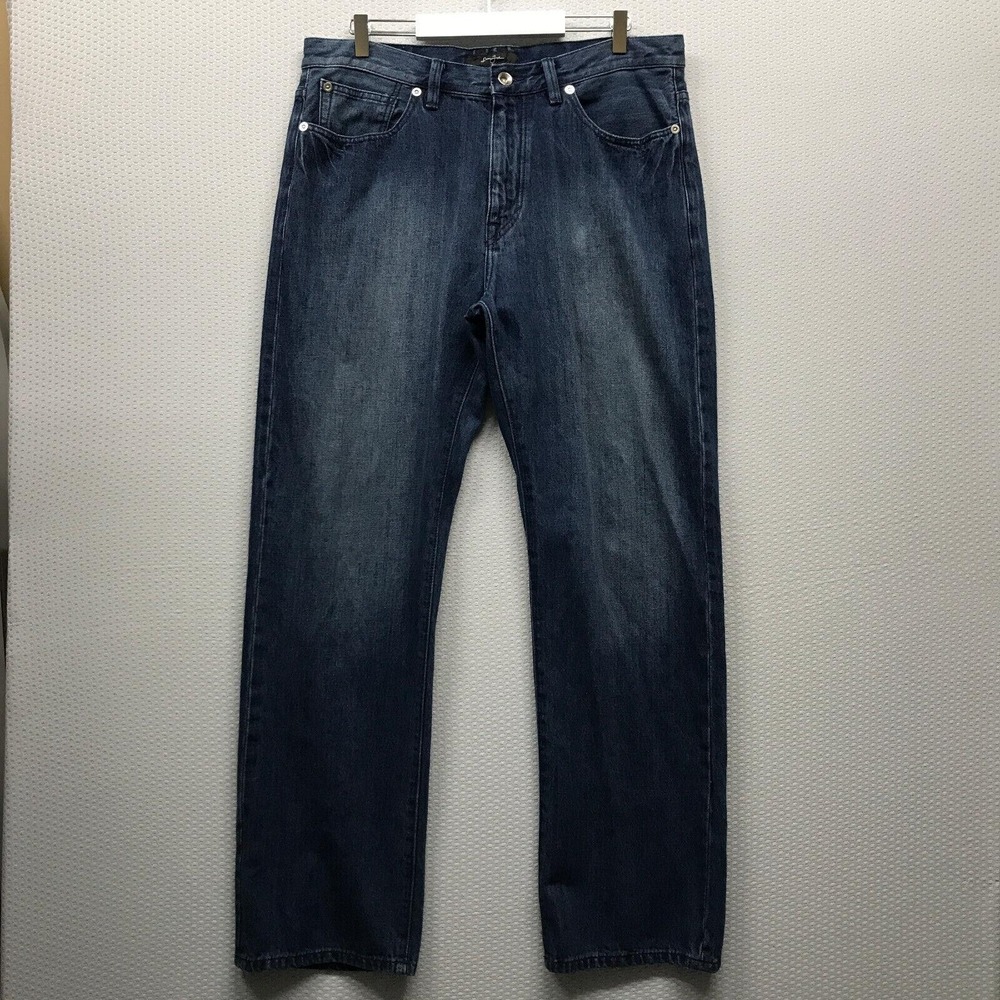 Sean John Jeans Mens 34 Blue Denim Straight Leg Dark Wash Leather Accents Casual